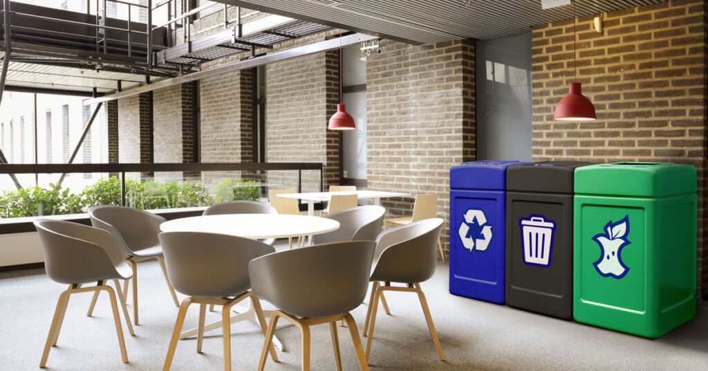 Trash cans, recycling containers and compost containers in a college university dining hall maulti-stream set up
